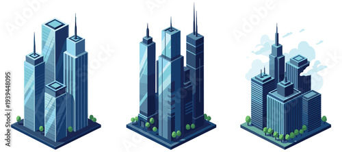 High rise skyscrapers grouped in isometric city block composition