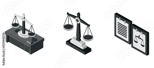 Legal scales set showcasing balance icons on white background
