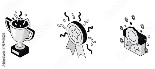 Award icons representing trophy ribbon and badge in celebration