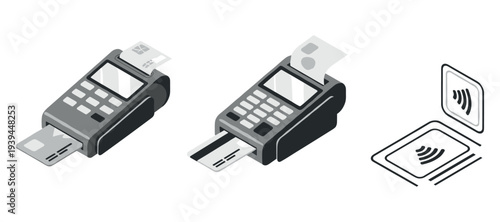 Payment terminals displaying card insert receipt and contactless icons