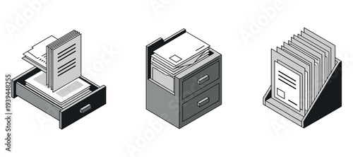 Paper documents and filing units arranged on white background