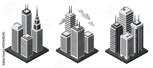 Skyscraper clusters forming urban city blocks in isometric view