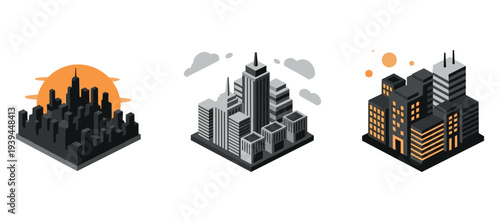 City skyline icons illustrating urban development on white background