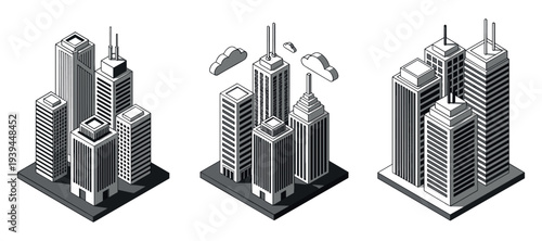 Skyscraper cluster standing in isometric urban city block scene