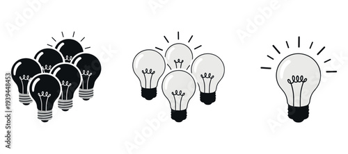 Multiple light bulb icons illustrating idea concepts in set