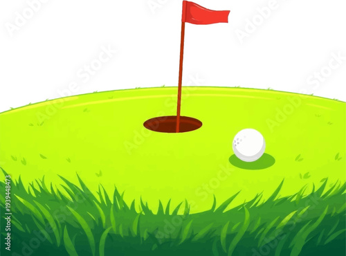 A cartoon illustration of a golf ball near the hole with a red flag on a green golf course.