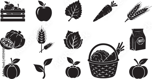 Black and white icons of fresh organic farm produce