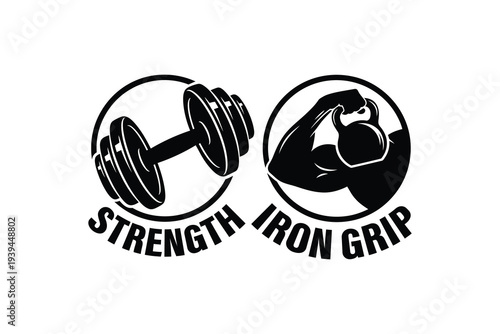Gym logo set with dumbbell and muscular arm silhouette - Fitness emblem with weightlifting dumbbell and bicep curl