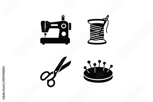 Sewing machine and tailoring equipment icon set black silhouette