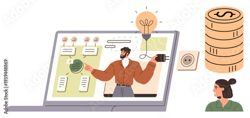 Business growth, financial planning, online education, marketing strategies, innovation, brainstorming. Man presenting on a laptop screen with lightbulb and money stack. Business growth and financial