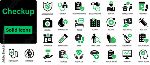 Silhouette vector of Checkup icon set. Medical checkup Icons Set for Electronic Health Records. Digital Healthcare Technology. Hospital Doctor Medication Allergies Telemedicine. Solid icons set.