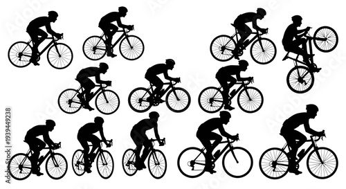 Dynamic Silhouettes of Cyclists in Various Poses and Actions on White Background
