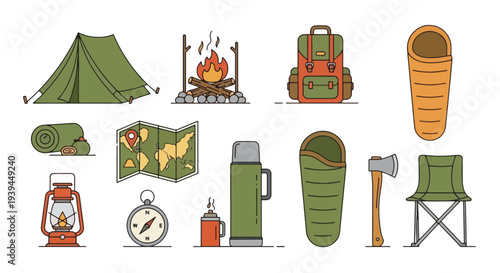Camping Gear Icons Tent Backpack Sleeping Bag Campfire Icons for Outdoor Adventure.