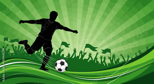 Dynamic Soccer Player Kicking Ball with Cheering Crowd and Green Background