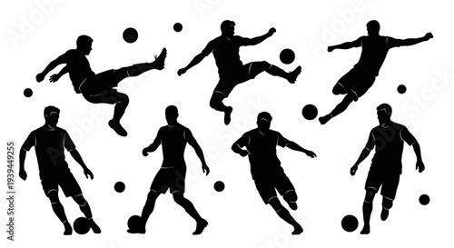 Dynamic Soccer Player Silhouettes in Action Poses with Balls