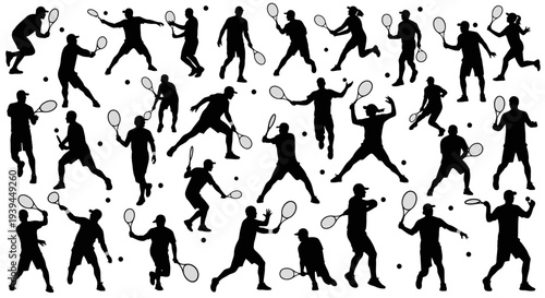 Dynamic Tennis Players Silhouette Set: Action Shots of Athletes Playing Tennis