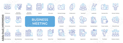 Business Meeting Icon set Collection in Line Two Color Style. meeting, conference, presentation, team, agenda, discussion, strategy