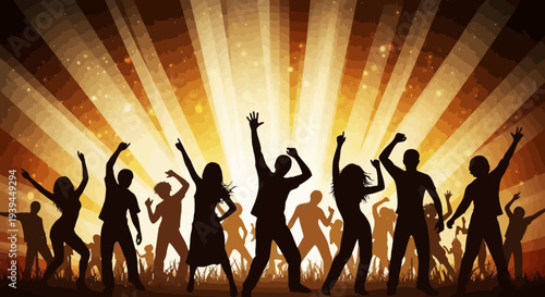 Energetic Silhouettes of People Dancing at a Party with Bright Sunlight Rays