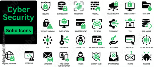 Silhouette vector of Cyber Security icon set. Data protection, spam, secure, security, antivirus, password, privacy, padlock and hacker. Vector illustration. Solid icons set.