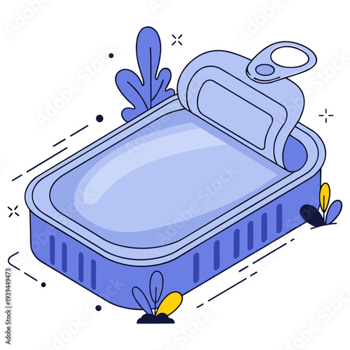 Open tin can with pull tab and decorative blue leaves