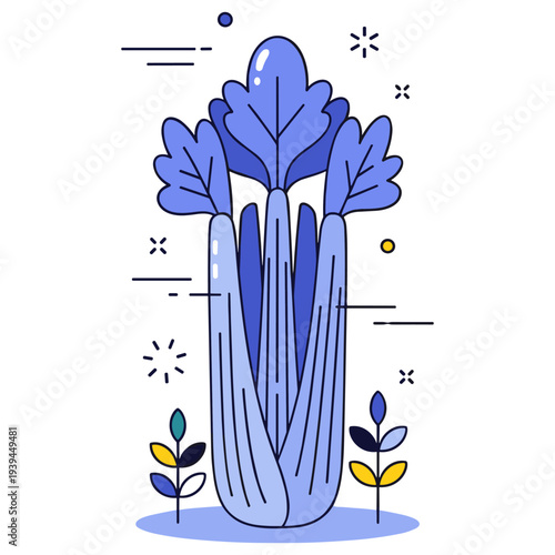 Stylized blue celery illustration with decorative elements