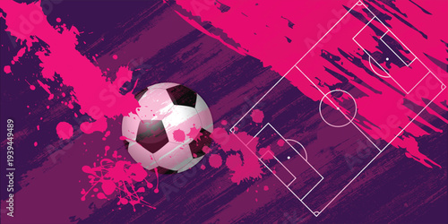 Abstract soccer background with grunge splash and neon pink purple colors. Football ball on dynamic paint stroke texture with soccer field line. Modern sport background perfect for football tournament