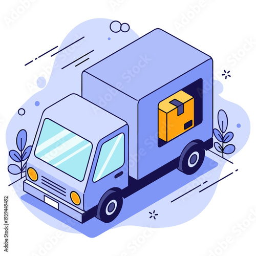 Isometric delivery truck with package in vibrant blue tones