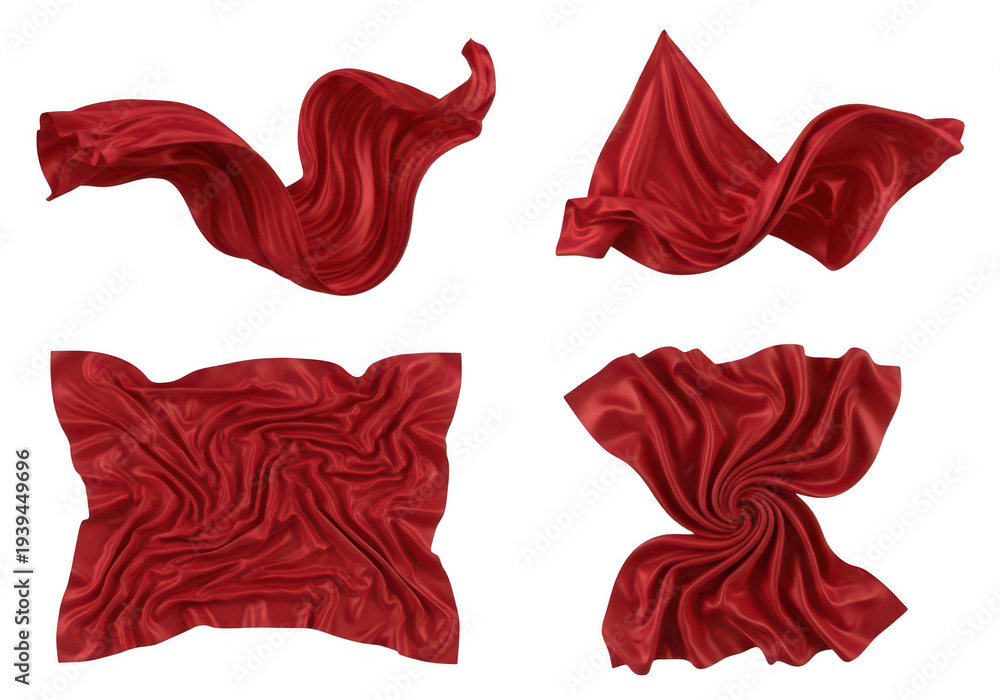 Fototapeta premium Collection of red velvet fabric swatches in various textures and folds isolated on transparent background