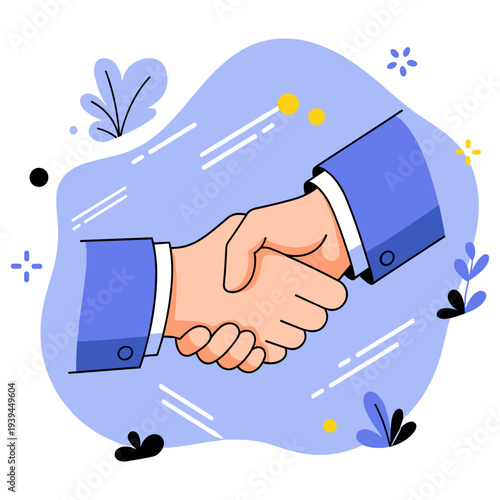 Business handshake between two caucasian adults in blue suits on a decorative background