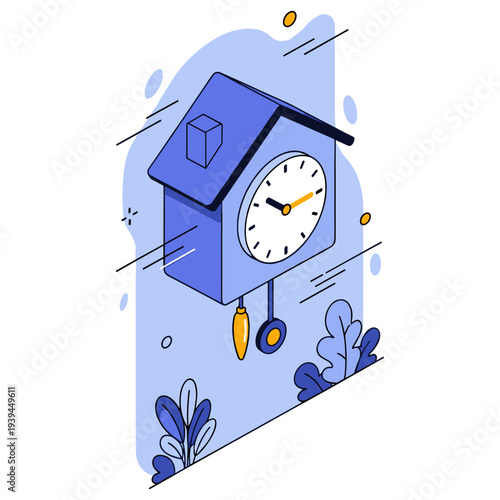 Blue cuckoo clock illustration with motion lines and abstract leaves