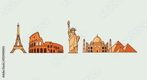 World Famous Landmarks Skyline Paris Rome NYC Taj Mahal Pyramids.
