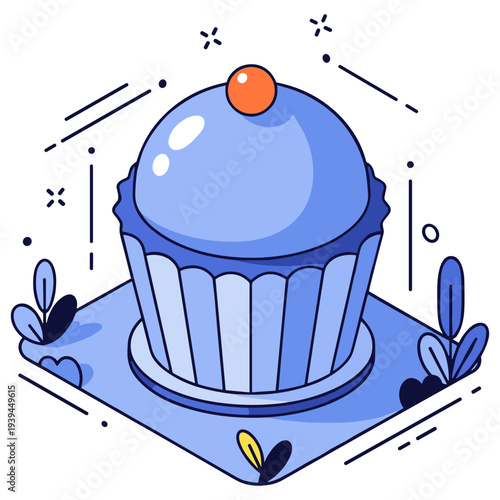 Stylized blue cupcake with red cherry on geometric background