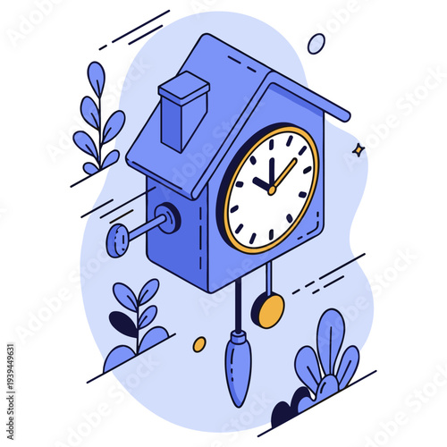 Blue cuckoo clock illustration with pendulum and leaf accents
