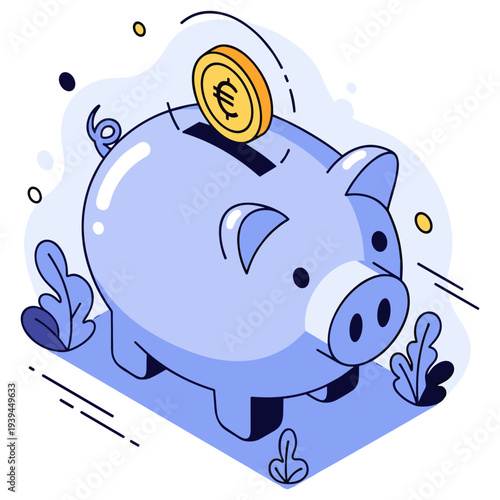 Blue piggy bank with coin inserted - savings concept art