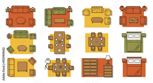 Top View Furniture Layouts Living Room Dining Bedroom Arrangements.