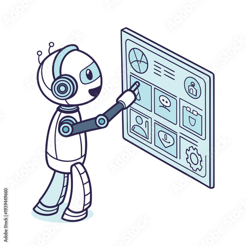 Robot interacting with digital interface vector illustration