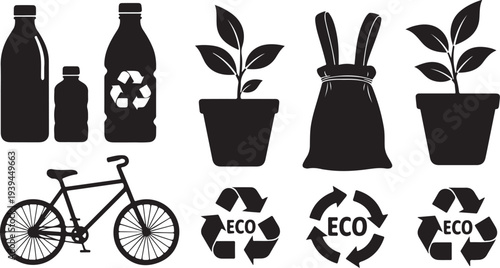 Eco friendly living and sustainable environment icons set