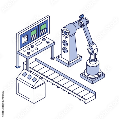 Isometric industrial robot arm vector illustration with control panel and conveyor belt