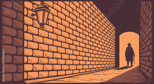 Mysterious Silhouette of a Man in a Hat Walking Through a Dimly Lit Brick Alleyway at Night