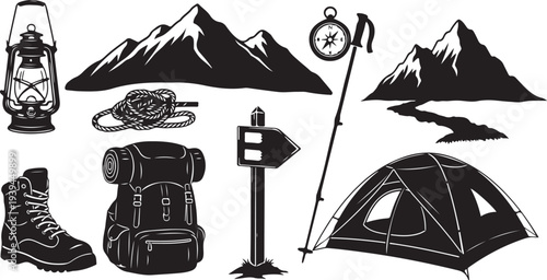 Camping and hiking equipment for outdoor adventure travel