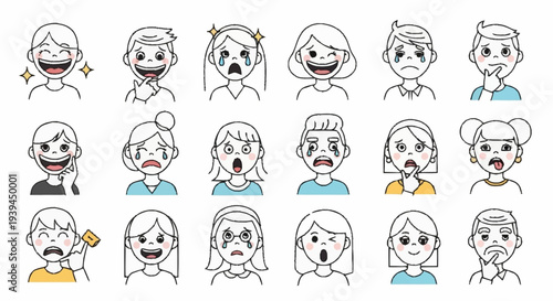 Collection of Cartoon Faces Showing Emotions.