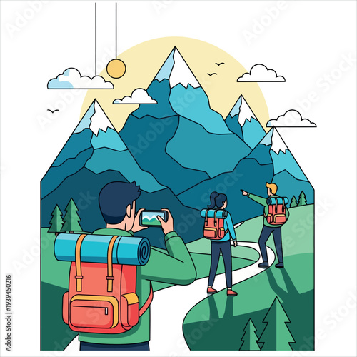 Mountain Hiking Adventure Illustration with Backpackers Exploring Nature Landscape