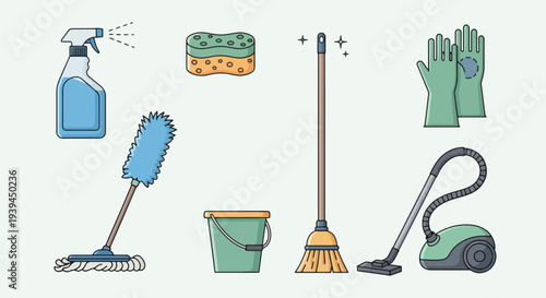 Cleaning Supplies Set Mop Broom Vacuum Gloves Sprayer Bucket Sponge.