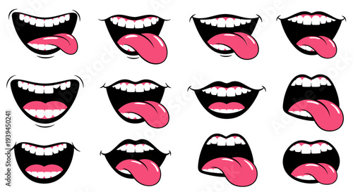 Funny cartoon mouths with pink tongues sticking out, diverse expressions