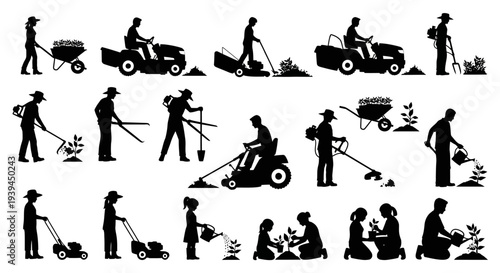 Gardening Silhouettes: People Doing Various Outdoor Yard Work Activities