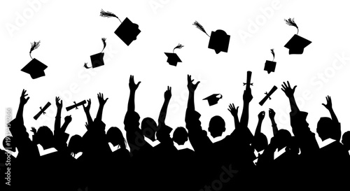 Graduation Celebration Silhouette of Students Tossing Caps and Holding Diplomas