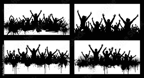 Group of Energetic People Silhouettes with Hands Raised in Celebration