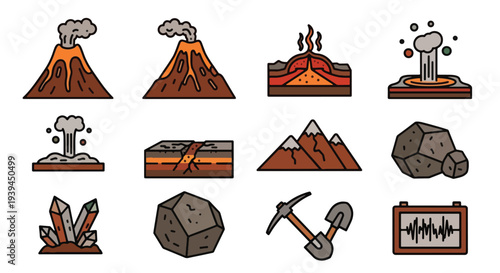 Volcanoes Geology Earth Science Icons Eruptions Rocks Mountains Seismograph.