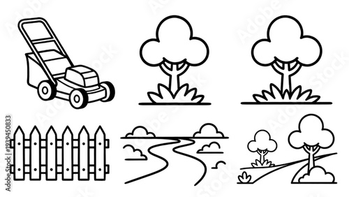 Lawn Mower, Trees, Fence, River, Landscape Icons for Gardening, Outdoor Projects, Eco-Friendly Design, Summer Marketing