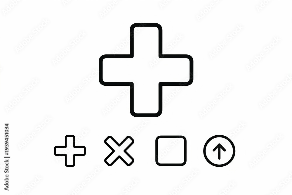 Fototapeta premium Plus icon set, add symbol, cross, check, delete, upload button on white background